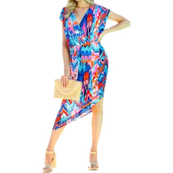 NWT‎ Veronica M Dress Shirred Asymmetrical Multicolor Size L - Picture 1 of 11